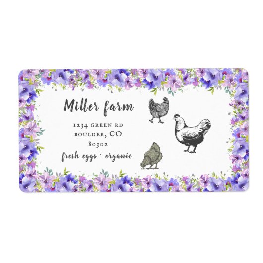 Étiquette violet garden floral rustic script egg carton labe (Devant)