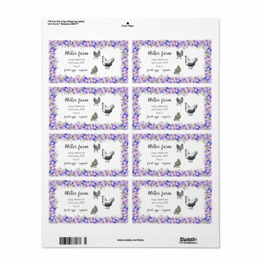 Étiquette violet garden floral rustic script egg carton labe (Feuille entière)