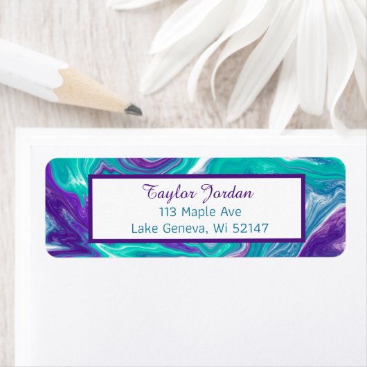 Étiquette Violet Turquiose Marbre Fluide Art Personnalisé (En situation)