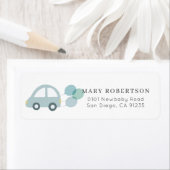 Étiquette Voiture Bleue avec Ballons Blanc (En situation)