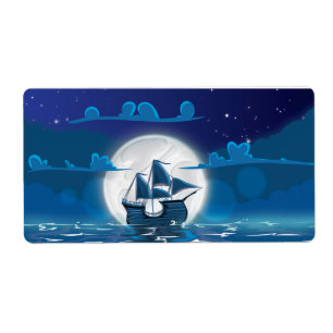 Étiquette Voyage de bateau à voile en bois au clair de lune