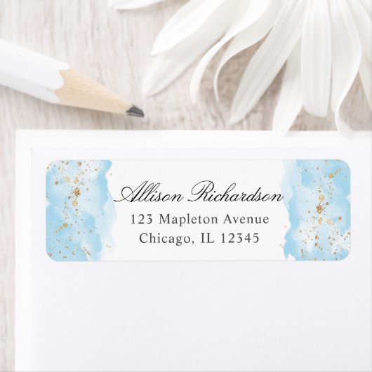 Étiquette Watercolor baby blue gold glitter (En situation)