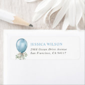 Étiquette Watercolor Blue Balloon Bow Greenery (En situation)