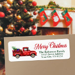 Étiquette Watercolor Red Truck Merry Christmas String Lights<br><div class="desc">A beautiful holiday return address label featuring modern calligraphy script Merry Christmas with a custom watercolor classic red truck with string lights and filled with a tree and gifts for all.</div>