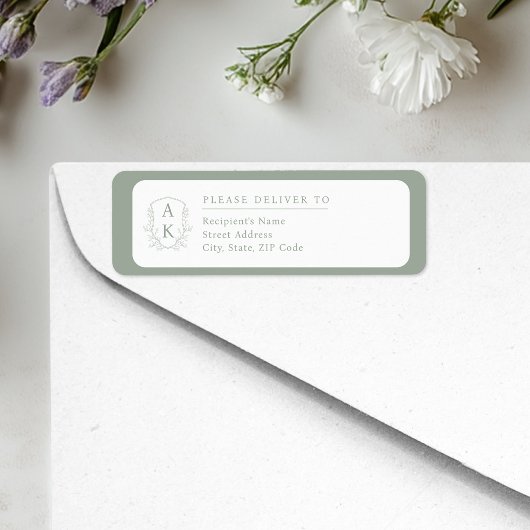 Étiquette Wedding Crest Monogram Sage Green Return Address