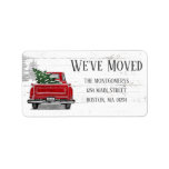 Étiquette We've Moved  Vintage Red Truck Tree New Address<br><div class="desc">Add a touch of rustic to your holiday mailings with these retro truck new return address labels. The design features a vintage red truck with a Christmas tree in the back on a background of faux white and gray weathered wood. Above it reads "We've Moved" with your return address below...</div>