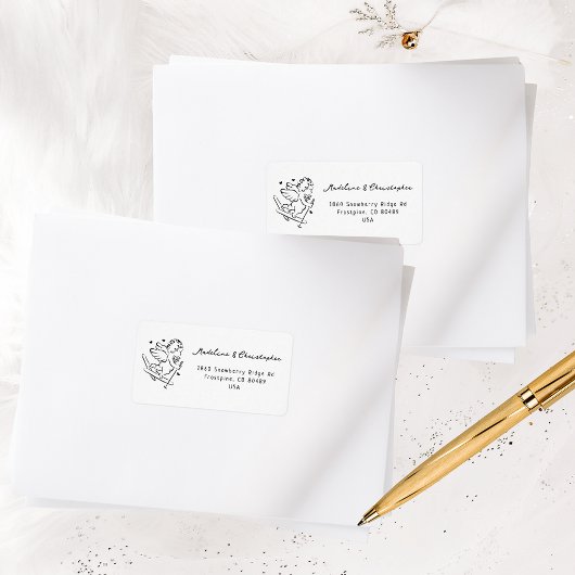 Étiquette Whimsical Cupid Ski Winter Wedding Adresse de reto