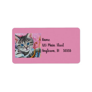 Étiquette Whimssical Cupid Tabby Kitty Chat Aquarelle Art