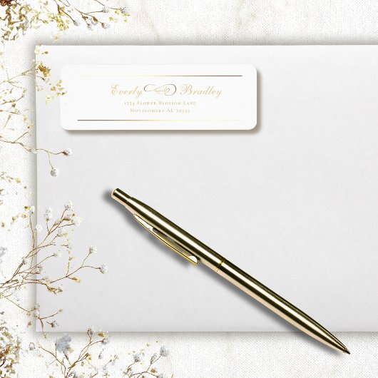 Étiquette White Background Gold Script Elegant Address