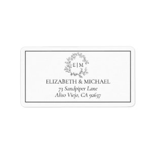 Étiquette White Black Leafy Crest Monogram Adresse du Mariag