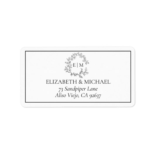 Étiquette White Black Leafy Crest Monogram Adresse du Mariag (Devant)