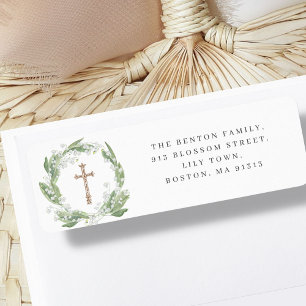 Étiquette White Floral Greenery Cross Adresse religieuse