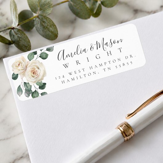 Étiquette White Rose Botanical Wedding Return Address