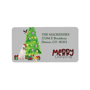 Étiquette White Staffordshire Terrier et sapin de Noël