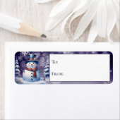 Étiquette Winter Forest Snowman Noël Purple Cadeau (En situation)