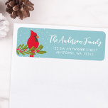 Étiquette Winter Red Cardinal Blue Christmas Adresse de reto<br><div class="desc">Cardinal rouge mignon étiquettes d'adresse de retour de Noël parfait pour votre courrier de vacances. Ce design moderne présente une illustration d'oiseau cardinal rouge, une branche de baies vertes et de la neige sur un arrière - plan bleu. La police de script de calligraphie à la mode ajoute une touche...</div>