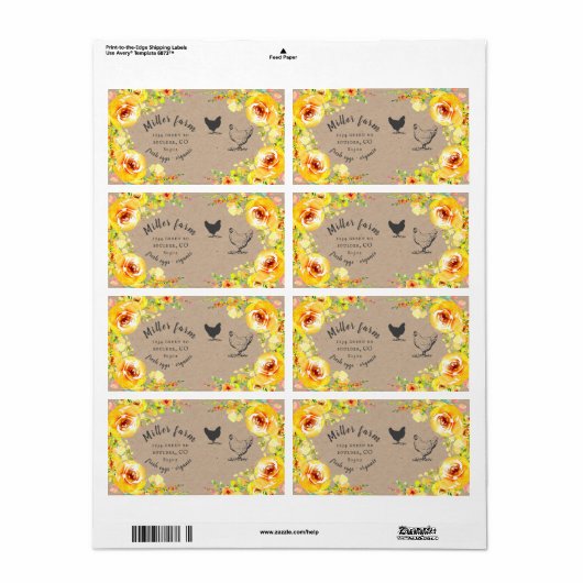 Étiquette yellow floral rustic script Egg Carton Label (Feuille entière)