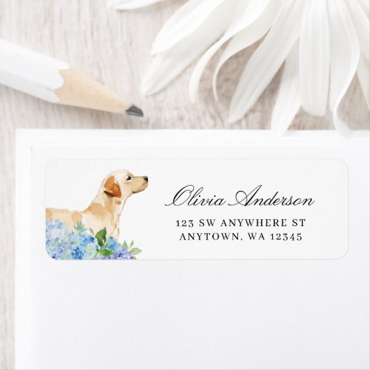 Étiquette Yellow Labrador Blue Hydrangea Adresse de retour (En situation)