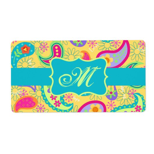 Étiquette Yellow Turquoise Modern Pasley Pattern Monogram (Devant)