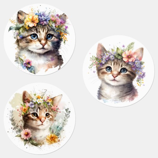 Étiquettes Aquarelle Chat avec fleurs (Groupe)