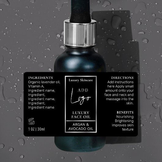 Étiquettes Argent Noir 1 OZ 30ml Bouteille Soin imperméable