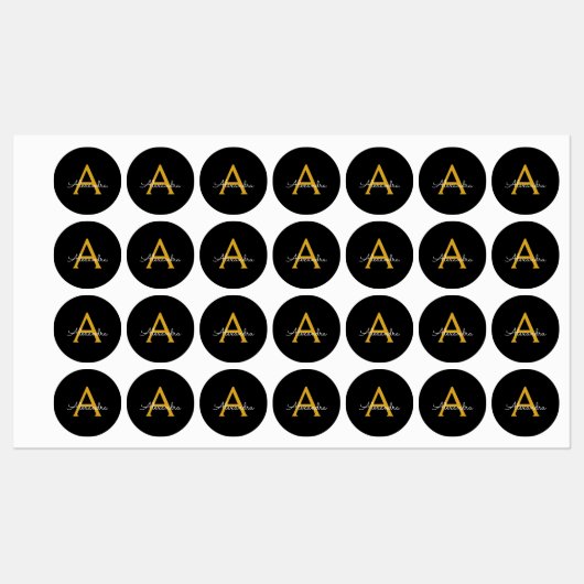 Étiquettes Black Gold Modern Script Girl Monogramme Nom (Feuille)