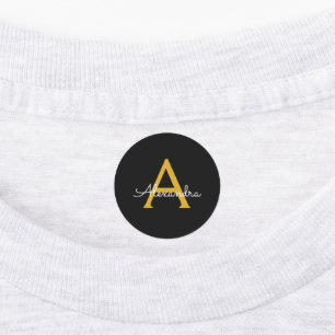 Étiquettes Black Gold Modern Script Nom du monogramme de la f