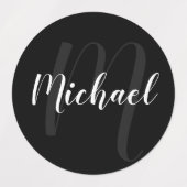 Étiquettes Black Modern Script Personnalisé Monogramme et nom (Design 2)