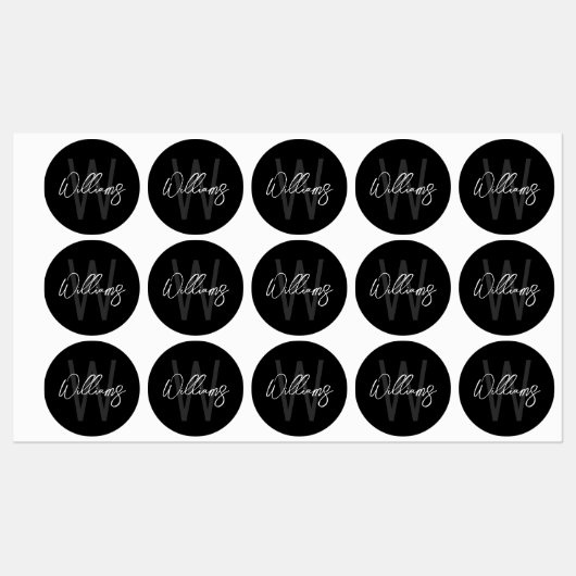 Étiquettes Black Modern Script Personnalisé Monogramme et nom (Feuille)