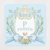 Étiquettes Bleu Grandmillennial Chiot Monogramme Ribbon Crest (Design 2)