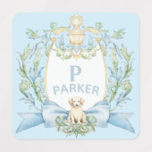 Étiquettes Bleu Grandmillennial Chiot Monogramme Ribbon Crest (Design 1)