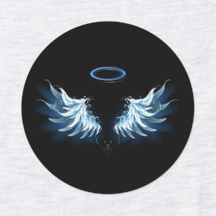 Étiquettes Blue Glowing Angel Wings on black background