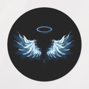 Étiquettes Blue Glowing Angel Wings on black background