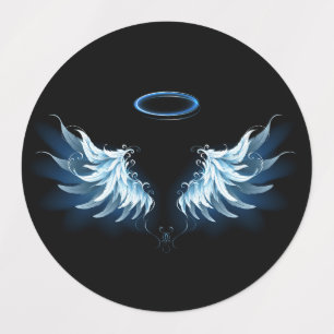 Étiquettes Blue Glowing Angel Wings on black background