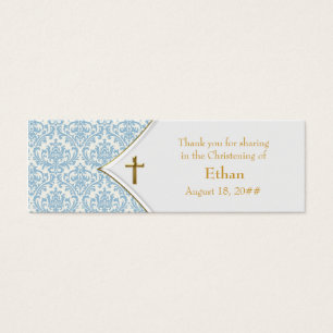 Étiquettes Bomboniere en Damas Bleu avec Croix Dor
