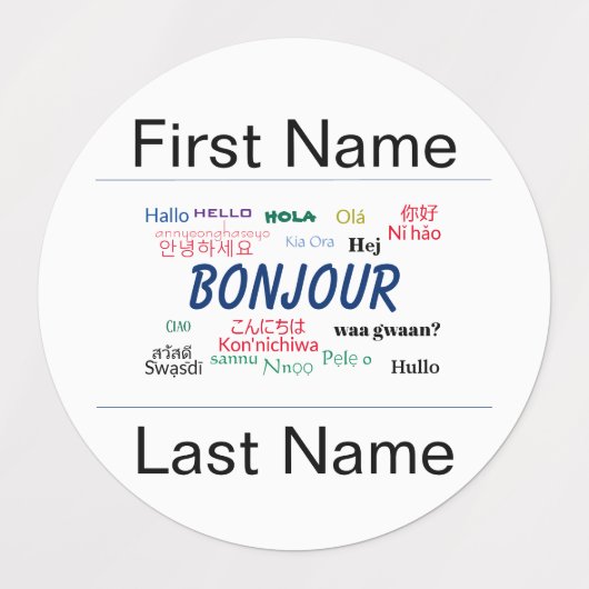 Étiquettes Bonjour Bonjour Nom de fête Modèle Langues du mond (Design 1)