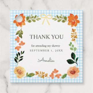 Étiquettes Cadeau 002 Bleu Céleste Floral Gingham Baby Shower