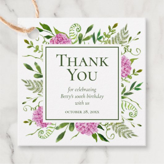 Étiquettes Cadeau 100e anniversaire Pink Hydrangeas Merci (Devant)