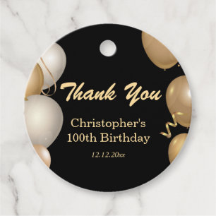 Étiquettes Cadeau 100e fête d'anniversaire Black Gold Balloons Merci