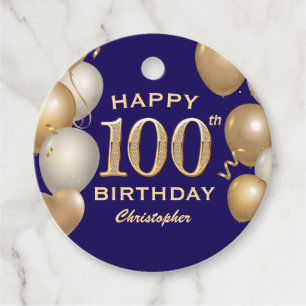 Étiquettes Cadeau 100e fête d'anniversaire Marine Bleu et Ballons d'