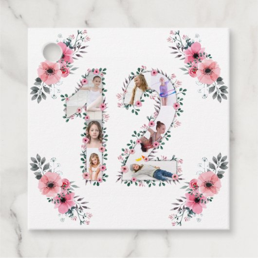 Étiquettes Cadeau 12e Fille Anniversaire Photo Collage Rose Fleur Bl (Devant)