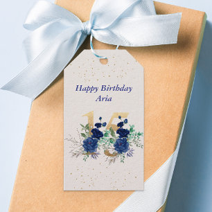 Étiquettes-cadeau 15e anniversaire Blue Roses Gold Floral Numéro 15