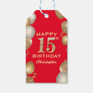 Étiquettes-cadeau 15e Anniversaire des Ballons Rouge et Or