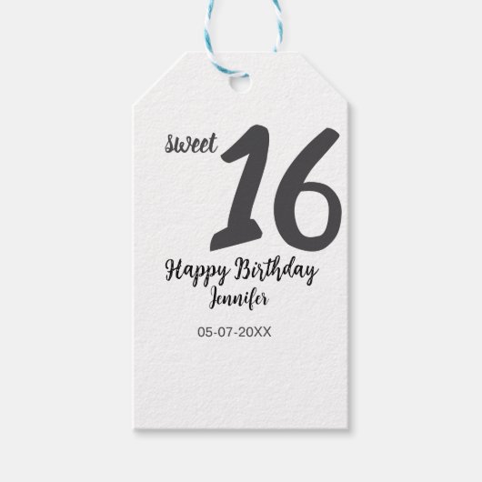 Étiquettes-cadeau 16e anniversaire ajouter nom date année noir modèl (Devant)