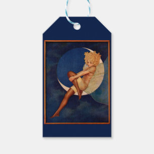 Étiquettes-cadeau 1920 hosiery et belle femme sur la lune