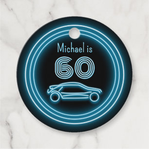 Étiquettes Cadeau 1980 Racing Car Black & Cyan Any Age Man's Party