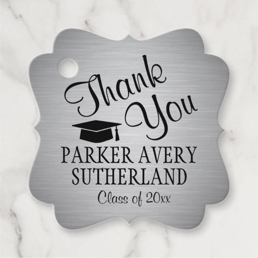 Étiquettes Cadeau 1 Photo Graduation Merci argent et noir fantaisie (Devant)