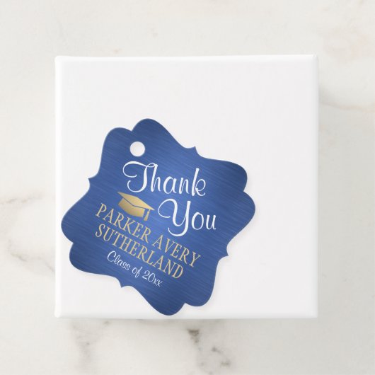 Étiquettes Cadeau 1 Photo Graduation Merci Bleu Or Blanc fantaisie (En situation)