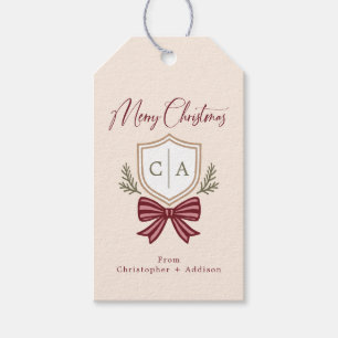 Étiquettes-cadeau 2 Lettre Monogram Crest Bow Joyeux Noël