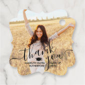 Étiquettes Cadeau 2 Photo Graduation Merci noir Script fantaisie (Dos)